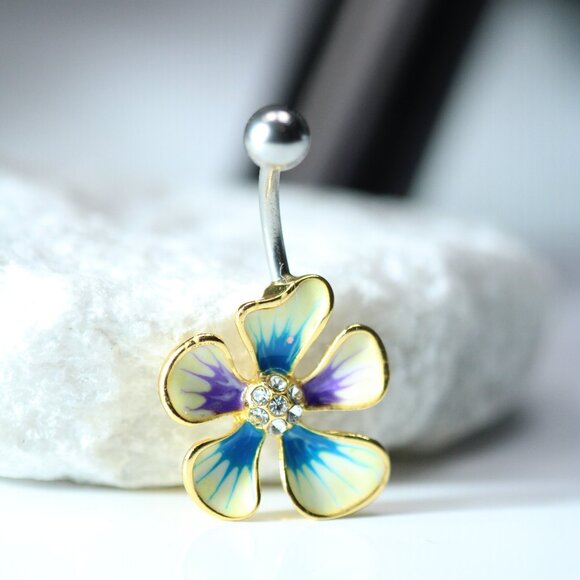 Gold Plated Jeweled Hibiscus Flower Navel Ring - Picture 1 of 2